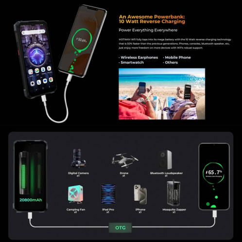  Téléphone robuste HOTWAV W11, 6 Go + 256 Go, vision nocturne, 20 800 mAh, 6,6 pouces Android 13 MT8788 Octa Core, réseau : 4G, OTG (or bronzé) SH601A742-026